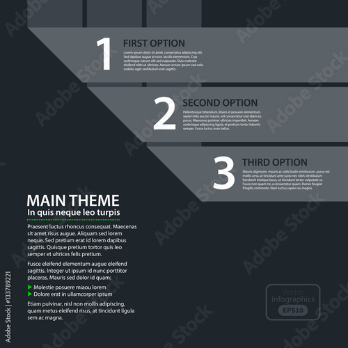 Modern design template with three numbered paper stripes in flat style on dark gray background. Useful for corporate presentations and advertising.