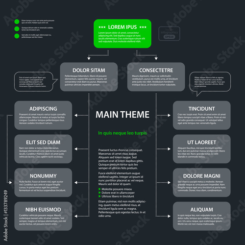 Modern design organization chart template in flat style on dark gray background. Useful for corporate presentations and advertising.
