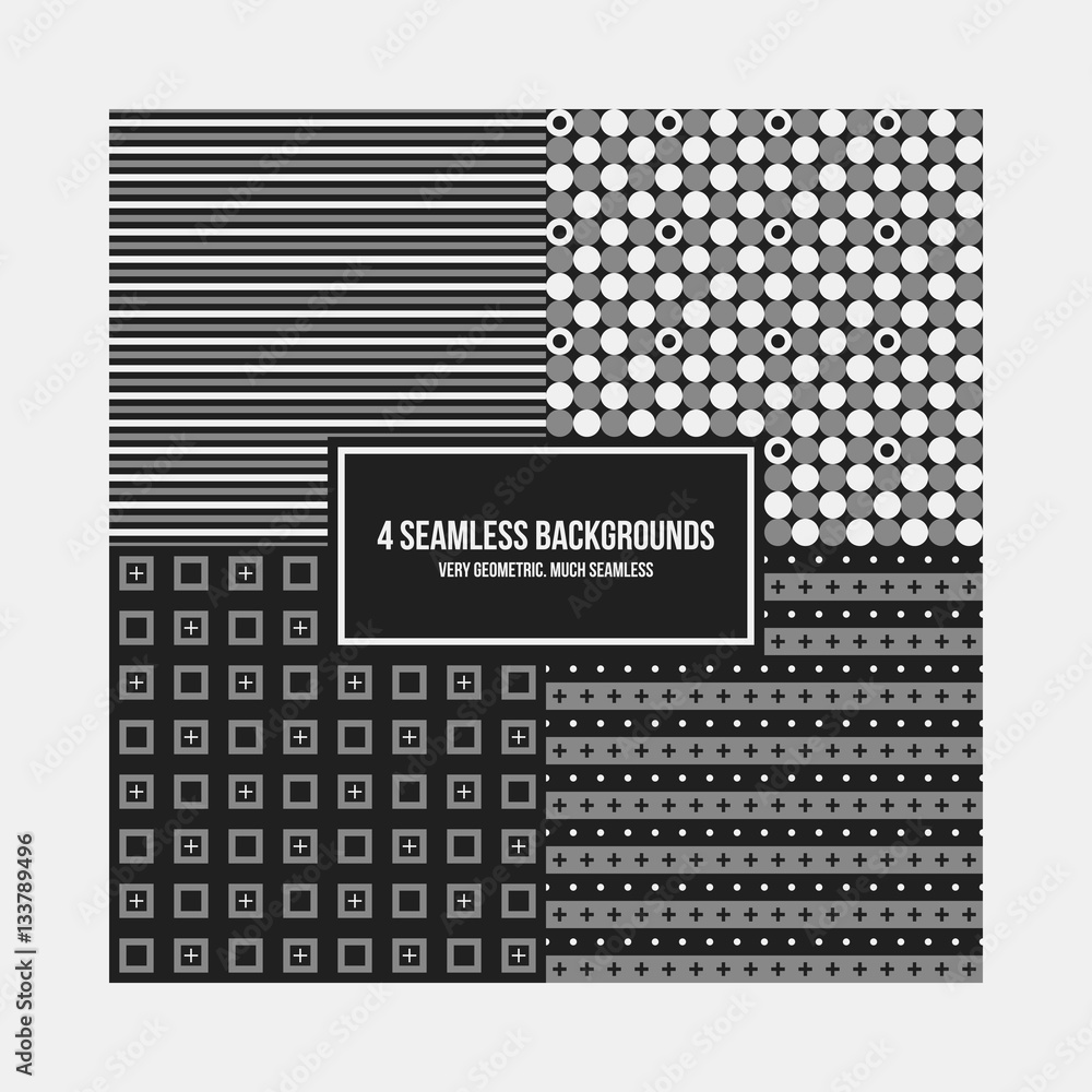 Set of 4 simple geometric patterns. Useful for textile design and wrapping. Set of 4 simple geometric patterns. Useful for textile design and wrapping.