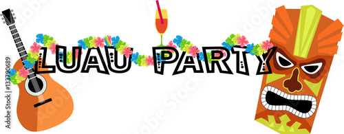 Banner for a luau party with a ukulele, tiki mask and lei, EPS 8 vector illustration, no transparencies 