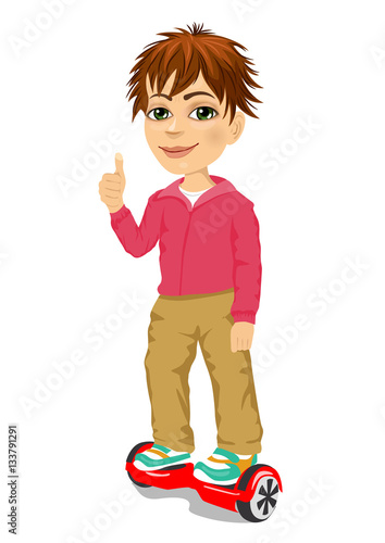 happy teenager boy riding gyroscooter and giving thumbs up - eco transport, hoverboard, smart balance wheel