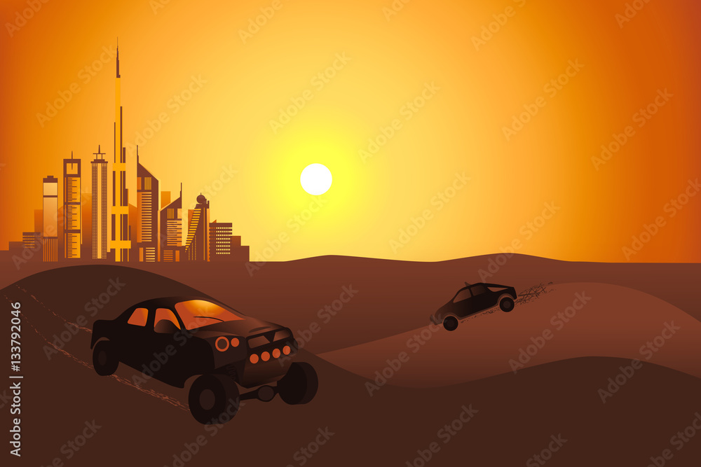 Safari cars in the desert near Dubai city