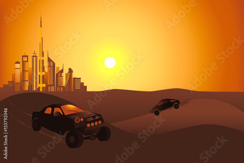 Safari cars in the desert near Dubai city