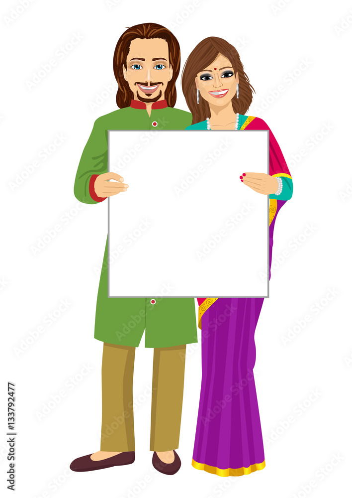 Indian couple holding empty blank board Indian couple holding empty blank board