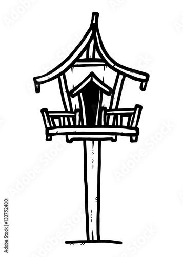 wooden spirit house / cartoon vector and illustration, black and white, hand drawn, sketch style, isolated on white background.