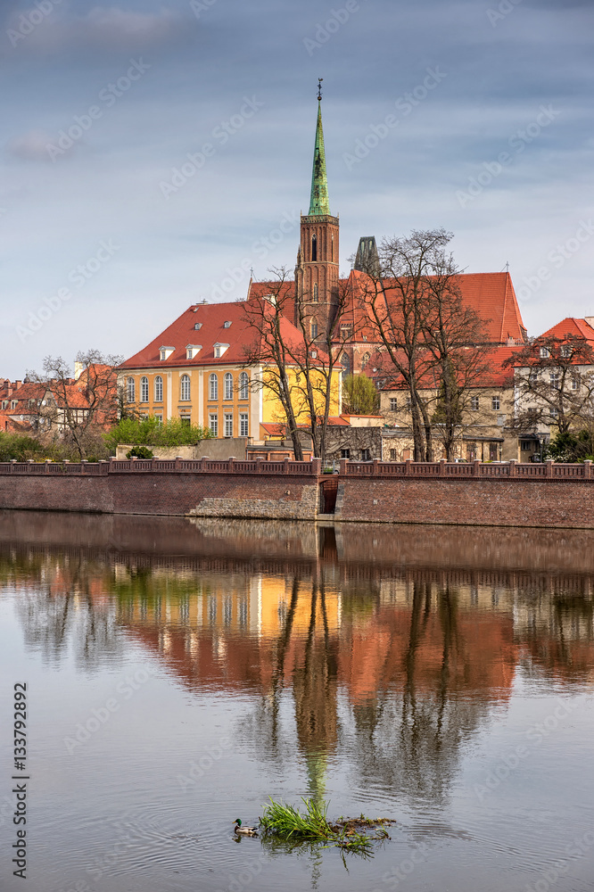 wroclaw city, view on building of pontifical faculty of theology from oder river, old polish city. Eastern Europe. Poland