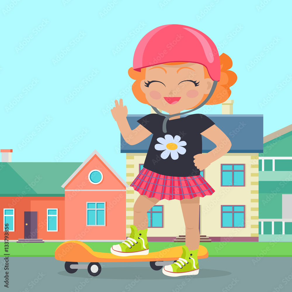 Young Girl in Helmet Sateboard in Park. Vector Young Girl in Helmet Sateboard in Park. Vector