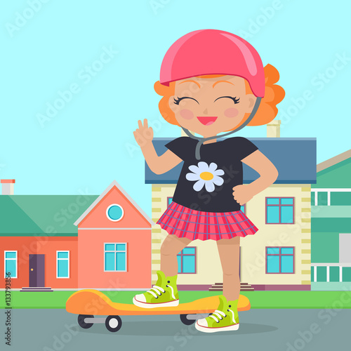 Young Girl in Helmet Sateboard in Park. Vector
