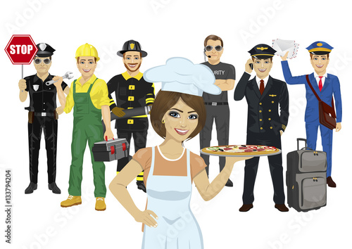 Set of diverse people. Various professions. Policeman, chef, repairman, fireman, bodyguard, pilot, courier