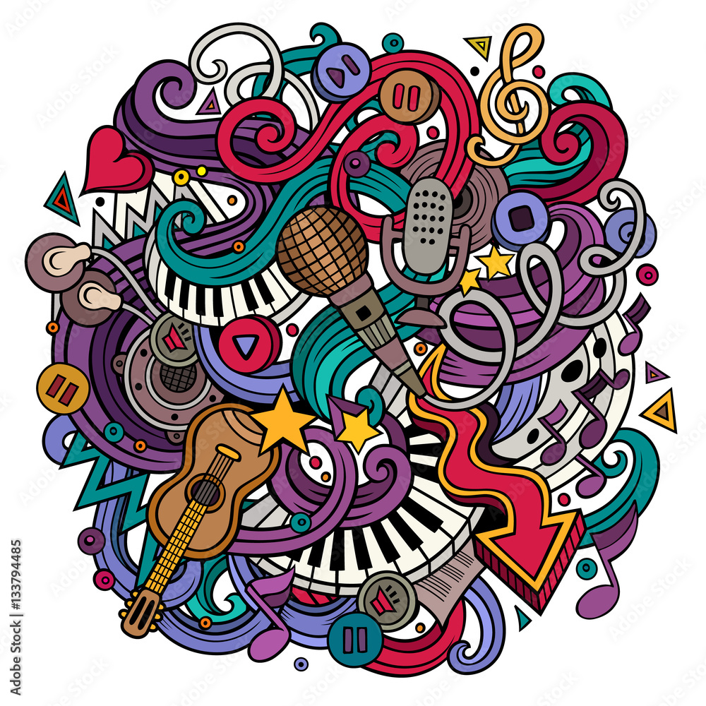 Cartoon hand-drawn doodles Musical illustration - obrazy, fototapety, plakaty 
