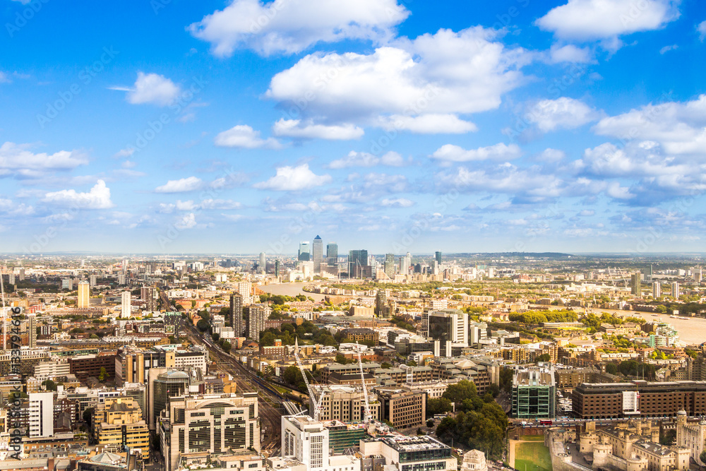 Bird's eye panoramic view of the United Kingdom cityscape from the unusual and atypical camera angle