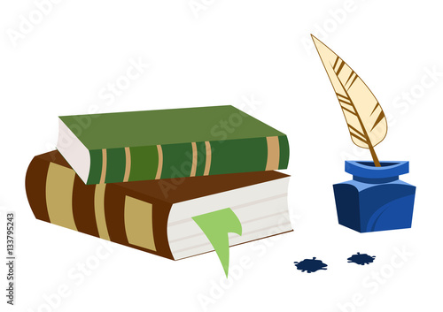 Книги, перо и чернильница. 
