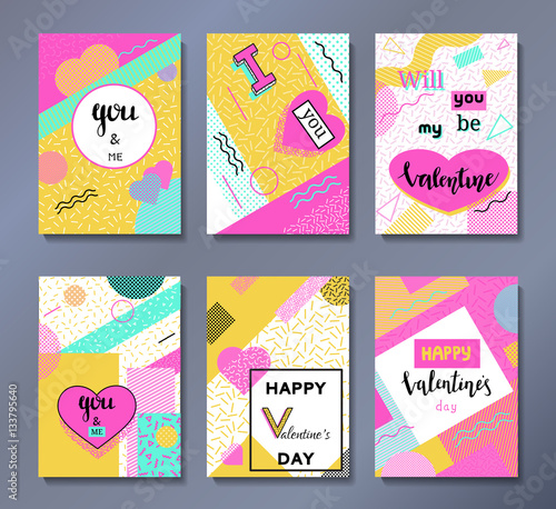 Valentine's day greeting cards set in trendy 80s-90s memphis style with geometric patterns and shapes. Vector illustration with lettering and colorful background