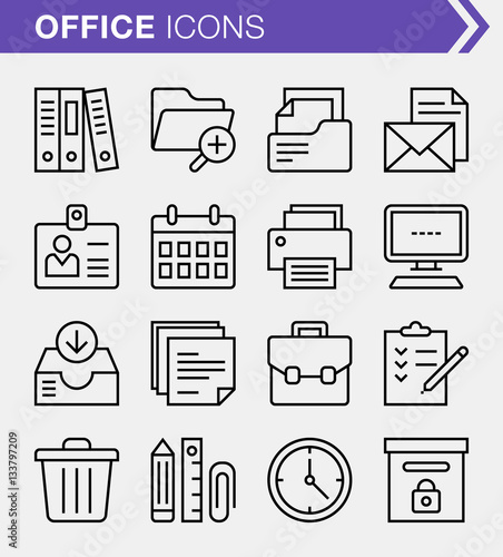 Set of pixel perfect office icons for mobile apps and web design.