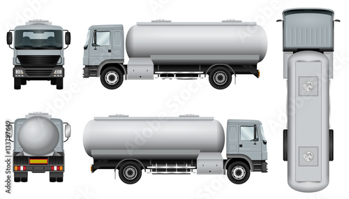 Truck with tank trailer. Tanker car template. The ability to easily change the color. All sides in groups on separate layers. View from side, back, front and top.