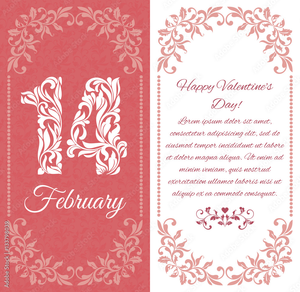 Elegant greeting postcard. 14 February. The figures from a floral ornament There is a place for text Elegant greeting postcard. 14 February. The figures from a floral ornament There is a place for text