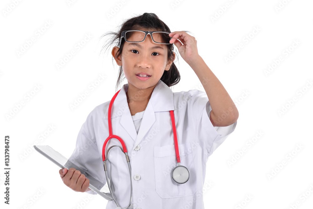 Young female doctor using tablet - isolated over a white backgro Young female doctor using tablet - isolated over a white backgro