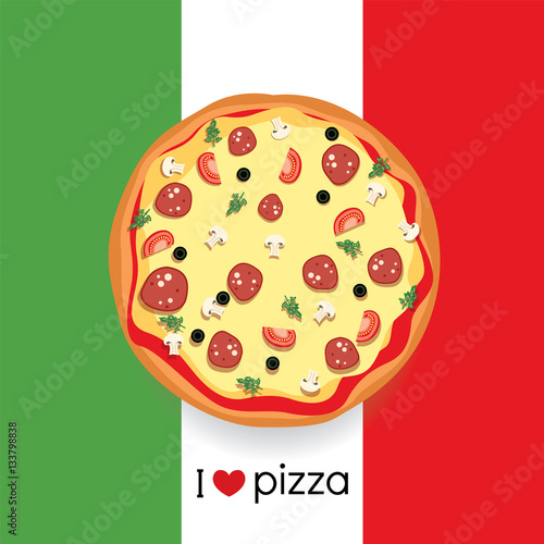 Beautiful pizza painted in a flat style. Tasty food. Vector illustration.
