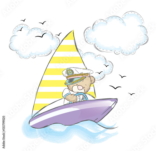 Cute teddy bear floats on the boat. Vector illustration. Sailor.