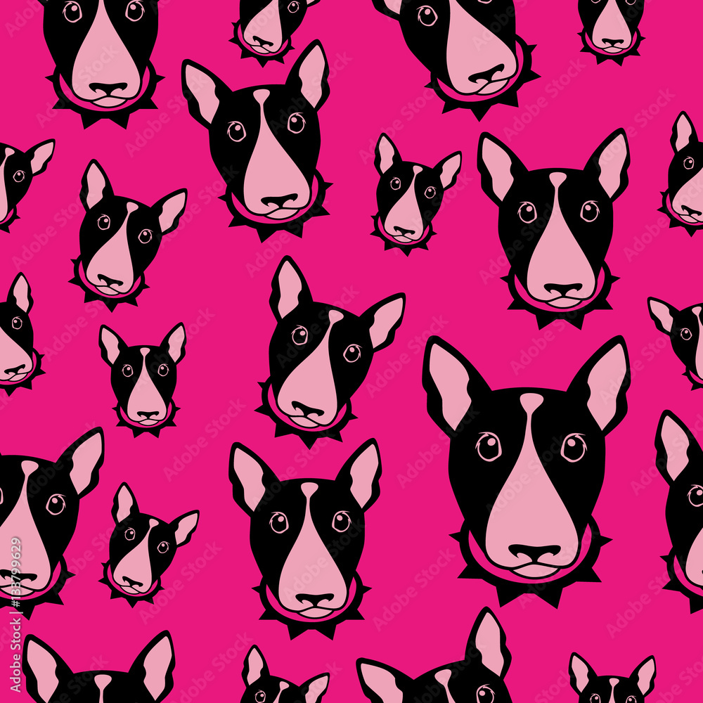 Happy dog bull terrier black and white vector background. Seamless pattern.