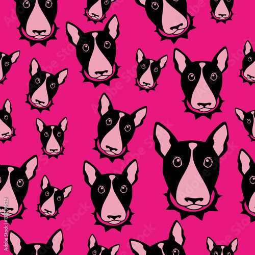 Happy dog bull terrier black and white vector background. Seamless pattern.