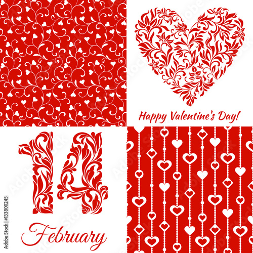 Set for Valentine's Day: The figures 14 and heart from a floral ornament, seamless patterns with hearts on a red background