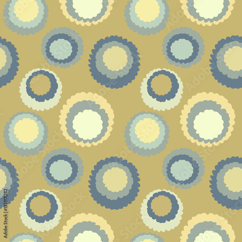 Seamless polka dot  motley texture. Abstract spotty pattern. Circles with torn paper effect. Soft gray  yellow colored. Gold cornflakes theme. Vector