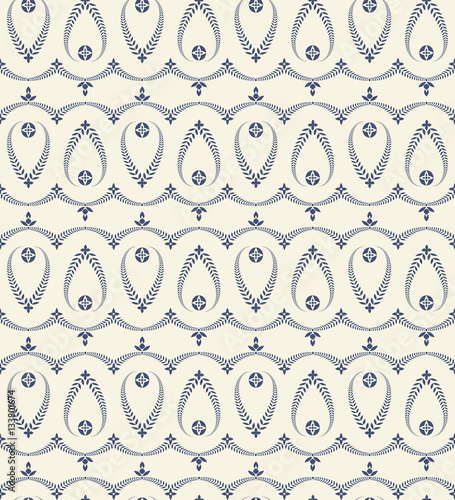 Religion seamless pattern. Laurel wreath, lace view texture with cross. Ceremonial, funeral background. Swirl stylized ornament. Blue, white colored. Vector 
