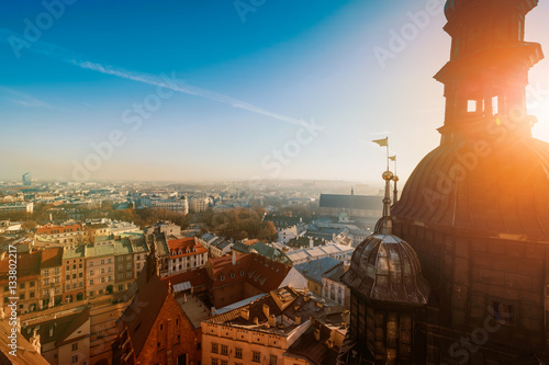 Day time aerial sityscape of Krakow old city, Poland