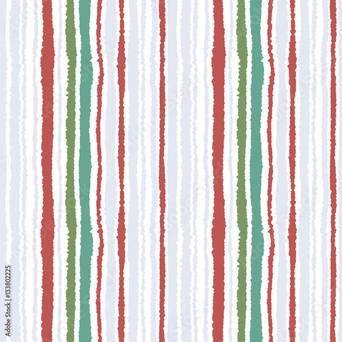 Seamless strip pattern. Vertical lines with torn paper effect. Shred edge texture. White, gray, green, redbrown winter colored background. Vector