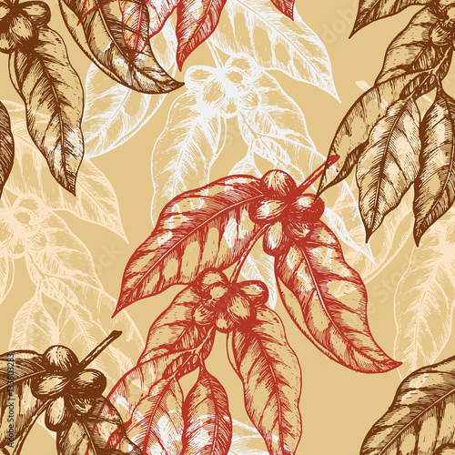 Seamless pattern based on engraving illustration of coffee branches with beans and leaves. Great for cafe, bars, coffee ads, wallpaper, wrapping paper. Vector illustration