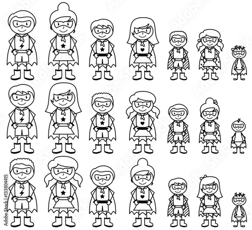 Cute Collection of Diverse Stick Figure Superheroes or Superhero Families - Vector Format