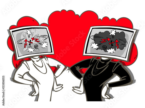 women couple with computer face,insult each other, cartoon