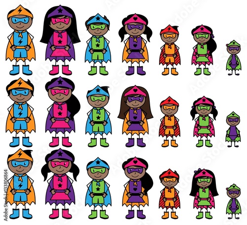 Cute Collection of African American or Hispanic Stick Figure Superheroes or Superhero Families - Vector Format