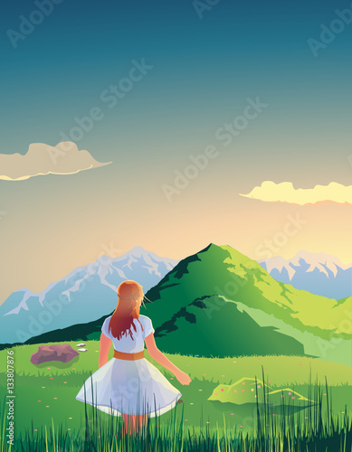 Girl in dress on the nature of the sunset