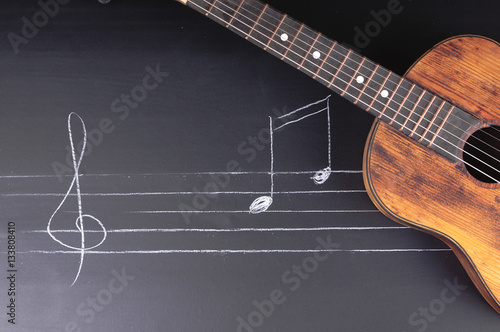 Vintage Guitars on chalkboard with music notes