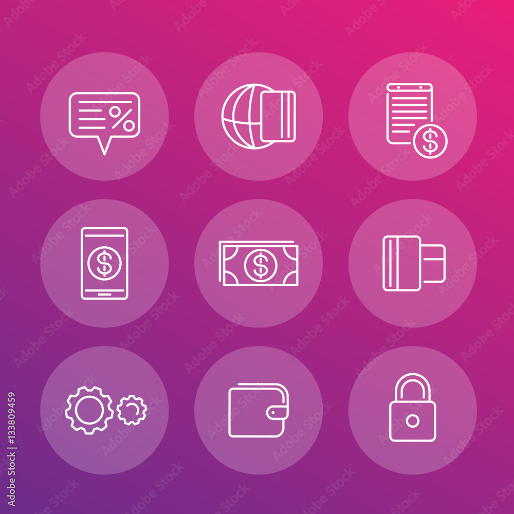 Payment methods line icons set, mobile pay, money, credit card, wallet, cash, loan Payment methods line icons set, mobile pay, money, credit card, wallet, cash, loan
