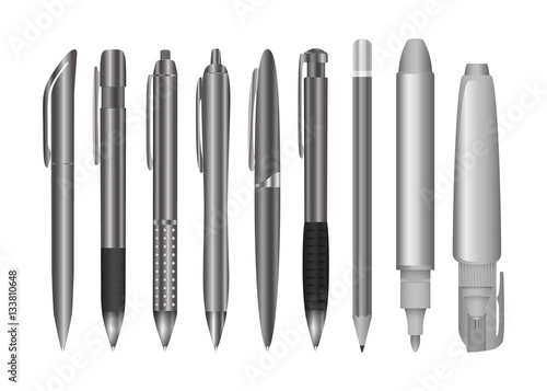 Large collection of engineering and office pens and pencils. Black and white stationery set. Vector illustration