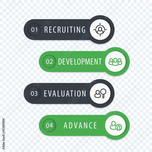 Staff, HR, employee development 1, 2, 3, 4 steps, infographics elements with line icons, labels and banners in gray and green