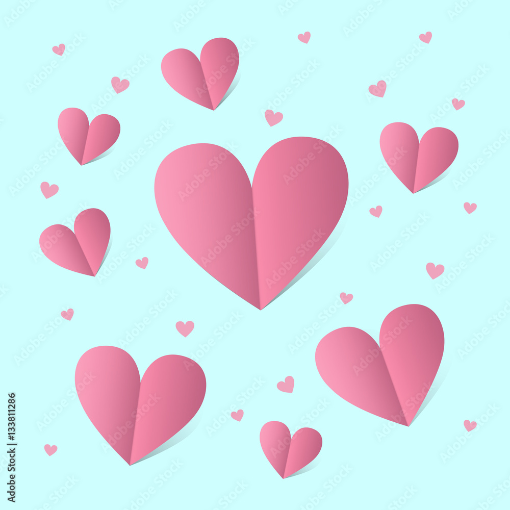 Card for st. Valentine day with pink hearts over blue background.