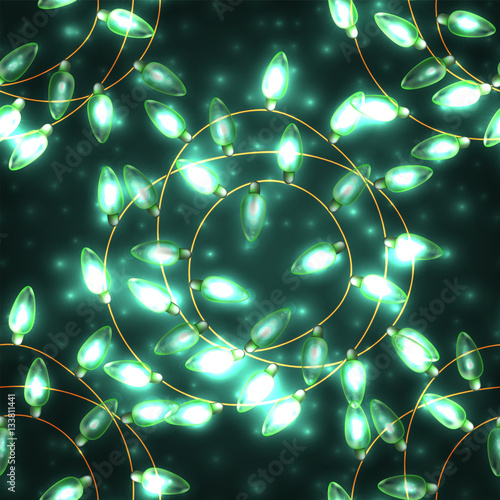 Colorful Green Glowing Christmas Lights.Vector elements can be used as backdrop for new Year decoration. Holiday Illustration, luminous electric garland, shiny light bulbs and wire