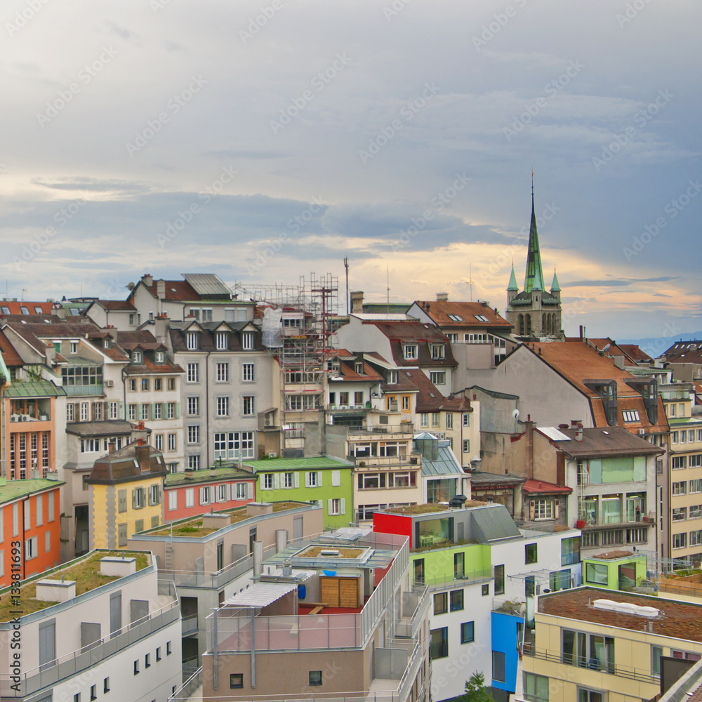 Skyline of Lausanne, Switzerland as seen from the Cathedral hill