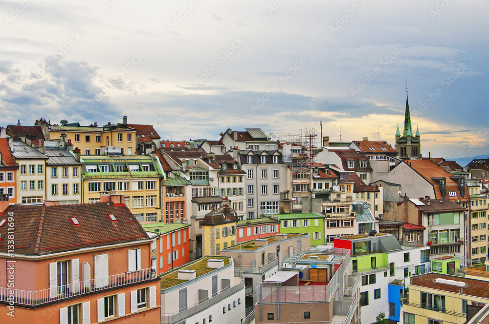 Skyline of Lausanne, Switzerland as seen from the Cathedral hill