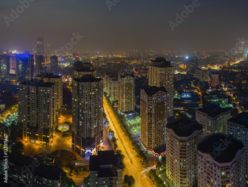 Aerial view of urban skyline at twilight. Hanoi cityscape at Trung Hoa - Nhan Chinh apartment buildings photo