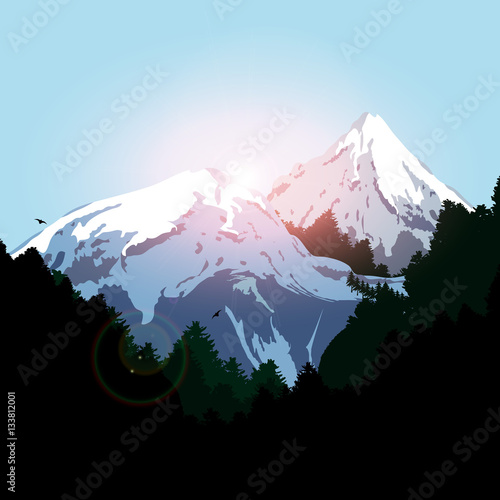 Mountain landscape with forest. Sunrise on the clear sky. The perfect image of wildlife.