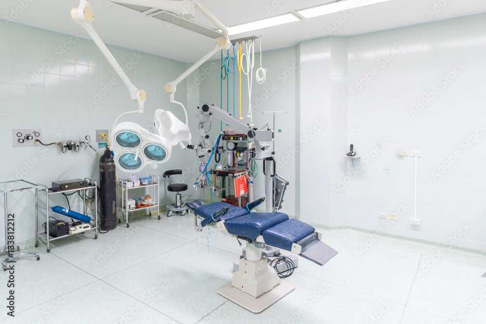 Fototapeta premium Empty Operating room no people in hospital with modern equipment