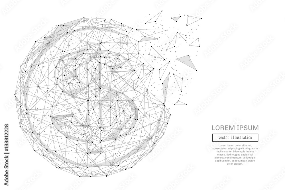 Obraz premium Grey dollar coin with polygon line on abstract background. Polygonal space low poly with connecting dots and lines. Connection structure. Vector financial background.