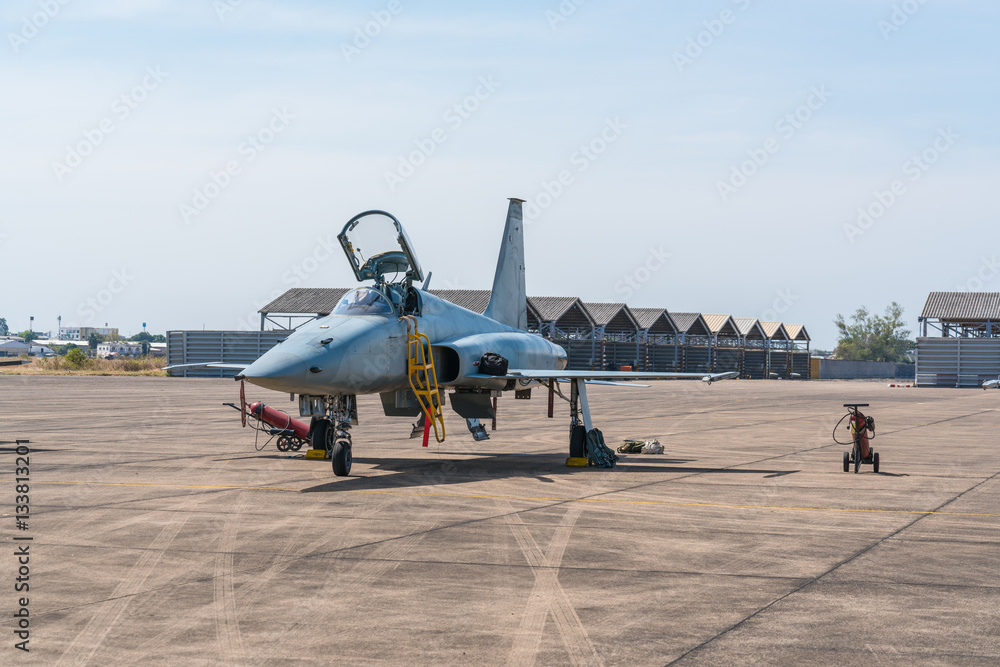 Fototapeta premium F-5E Aggressor Hornet fighter jet reflects the sunshine. F-5 military aircraft parked in the airport and flight show.