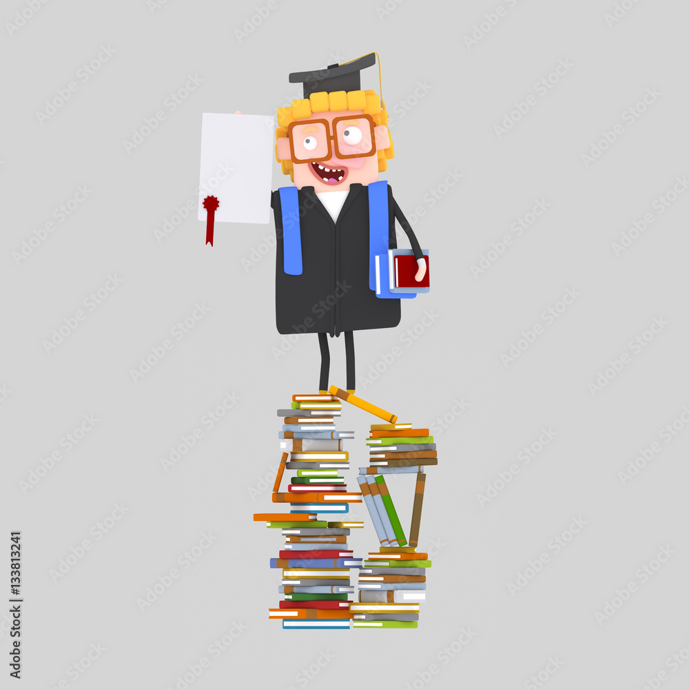 3d illustration. Graduate boy with diploma paper on a mountain of   books 
Easy combine! Custom 3d illustration contact me!