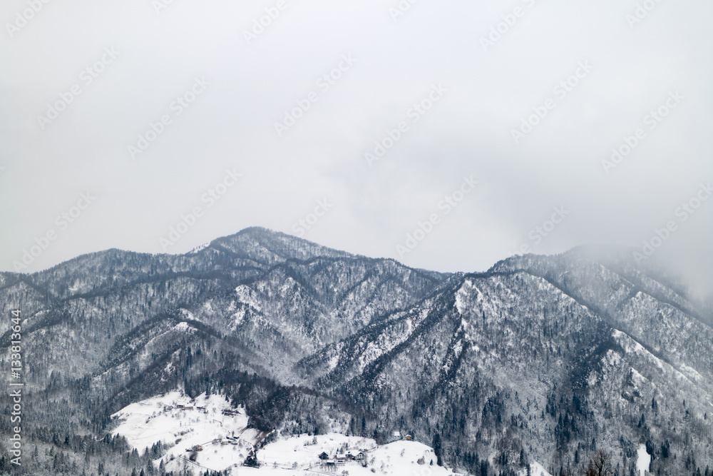 Mountains in Fog, Covered with Snow